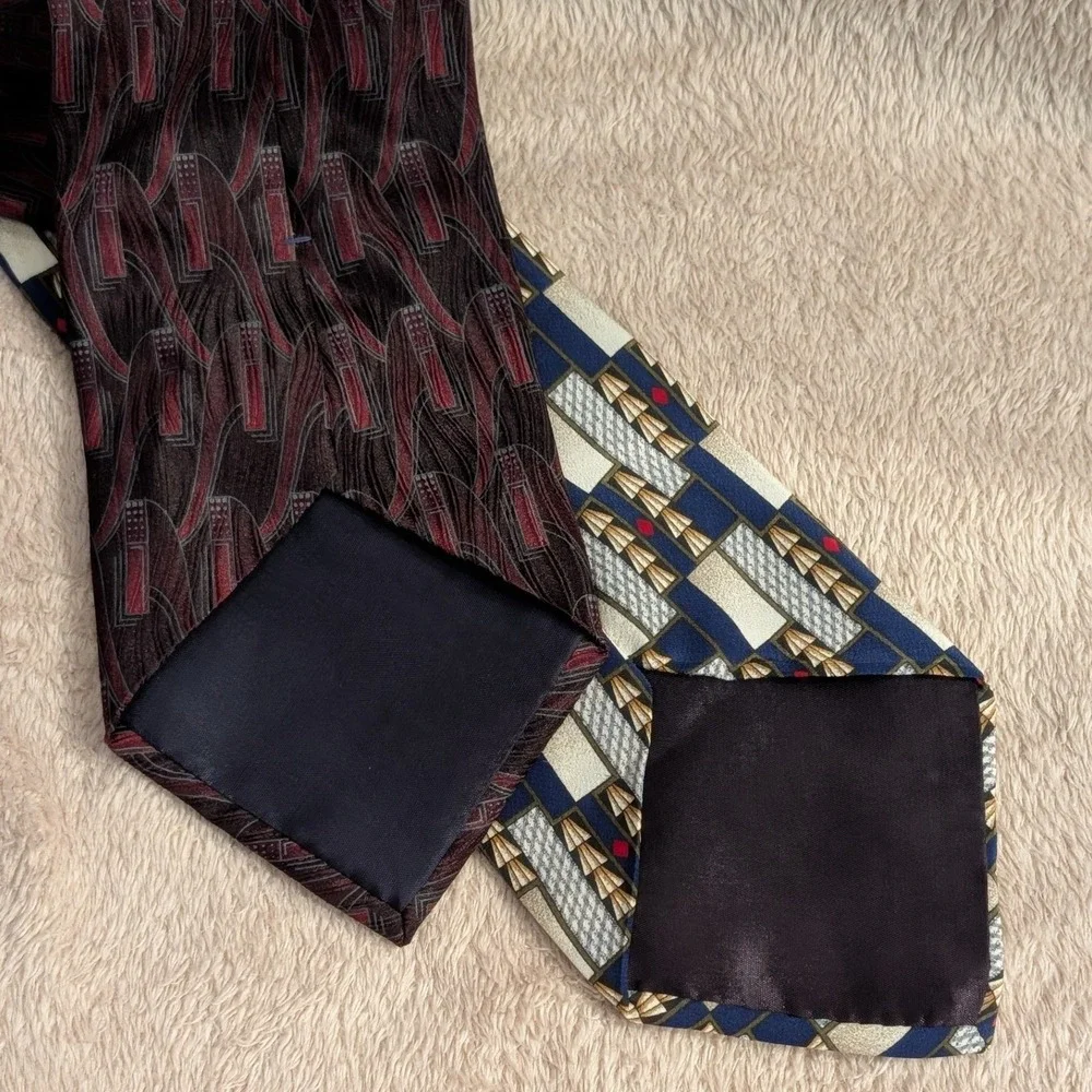 Zylos George Machado Silk Tie Set Geometric Abstract Blue Burgundy Red OS